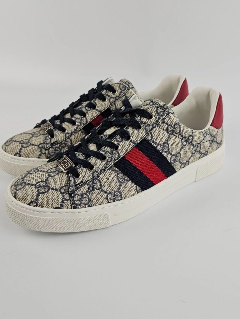 GUCCI Ace Women's Beige/Blue GG Canvas Low Top Sneakers Size 38.5